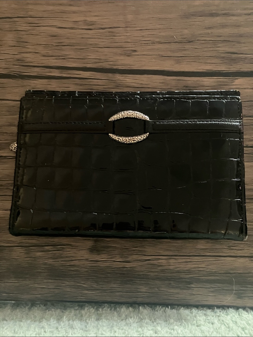 Brighton Black Croc-Embossed Patent Clutch with Silver Accent